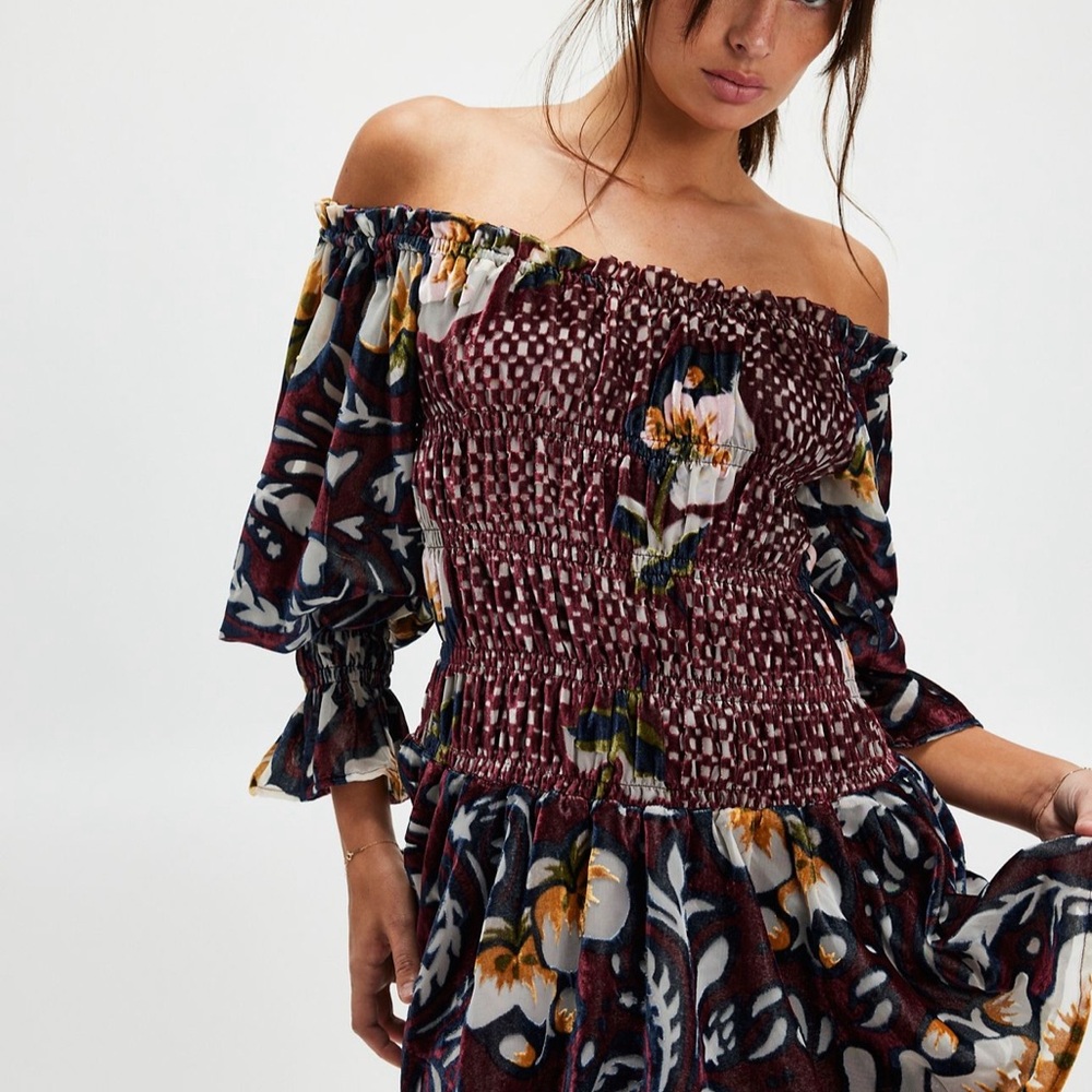 Free People Burgundy Floral Long Sleeve Dress